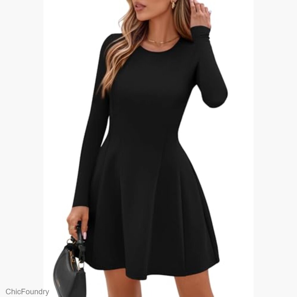 Long Sleeve Mini Knit Dress A-Line Babydoll Pleated Party Casual - Picture 3 of 7
